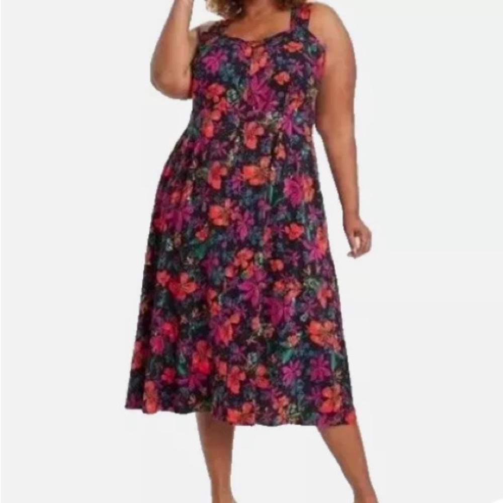 Ava & Viv Floral Midi Dress in Black with Pink and Orange Blooms